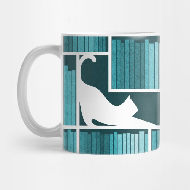 Rainbow bookshelf // monochromatic teal aqua white shelf and library cats by SelmaCardoso